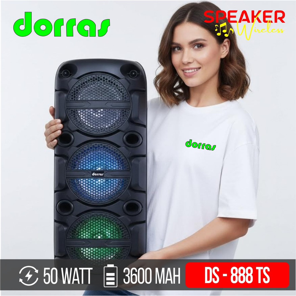 DORRAS Speaker Wireless 8.5 Inch X3 DS888 TS Bluetooth Super Bass 50 Watt 3600mAh Free Mic Remote Ch