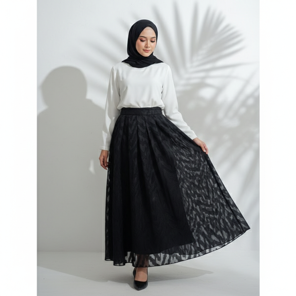 Zaskia Sungkar - Rok Panjang Hitam Elegan Maxi Skirt A-Line Motif Chevron/Zigzag Anggun & Elegan