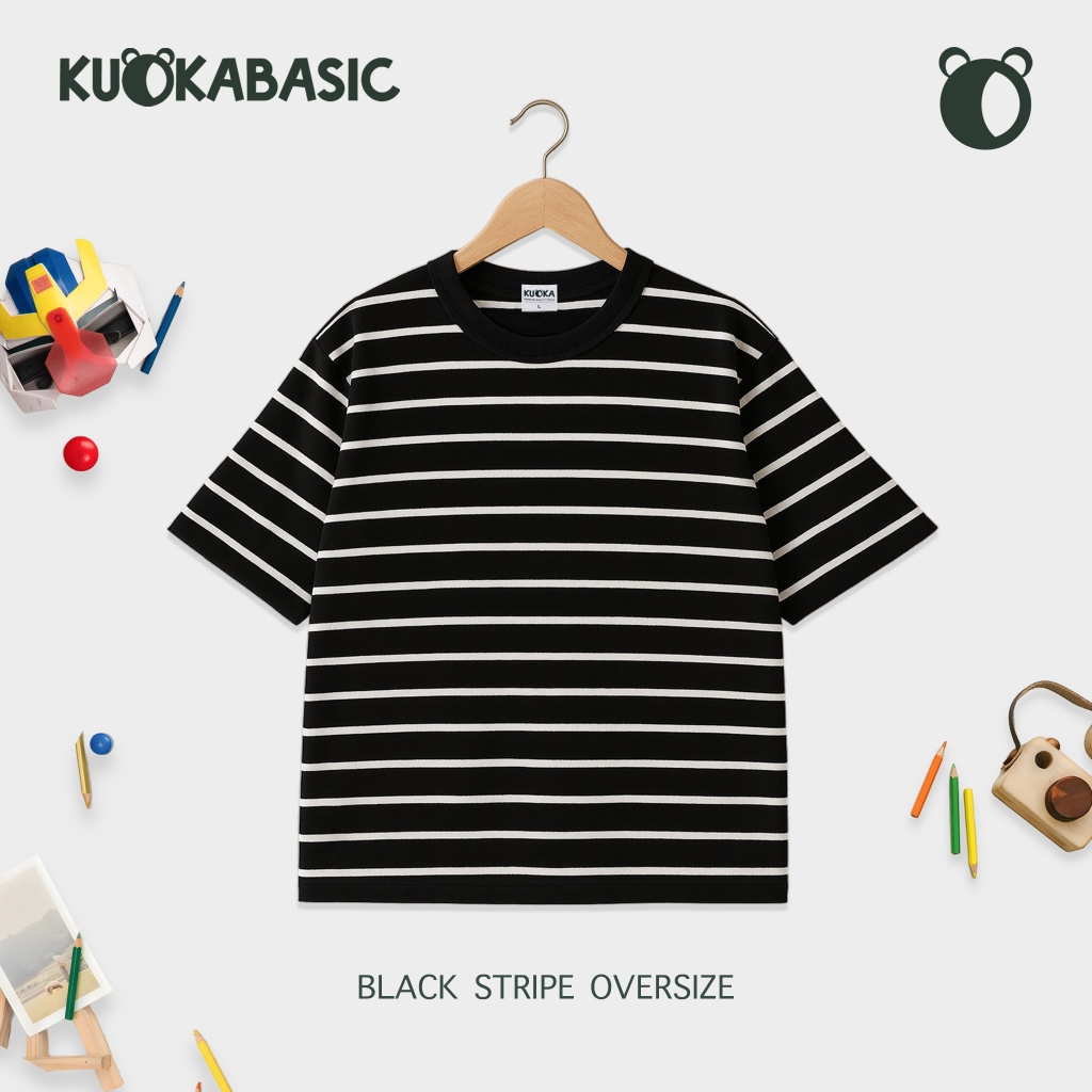 KUOKABASIC Kaos Salur Anak Oversize Black Stripe Kaos Garis Anak Laki Laki Perempuan Usia 1-12 Tahun
