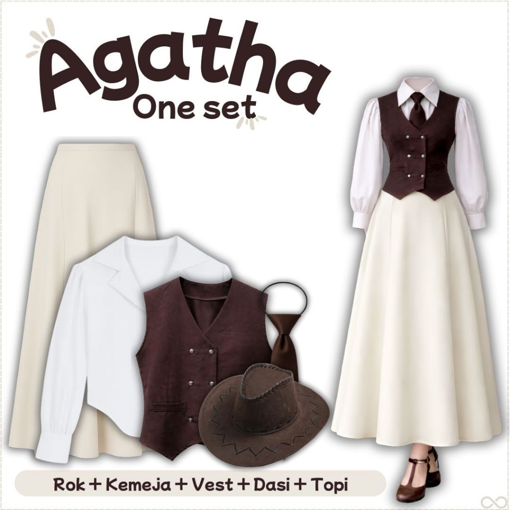 Agatha One Set Outfit Yearbook Cowboy(Kemeja Putih,Vest Coklat Tua,Rok,Dasi,Topi) Enola Holmes-FS102