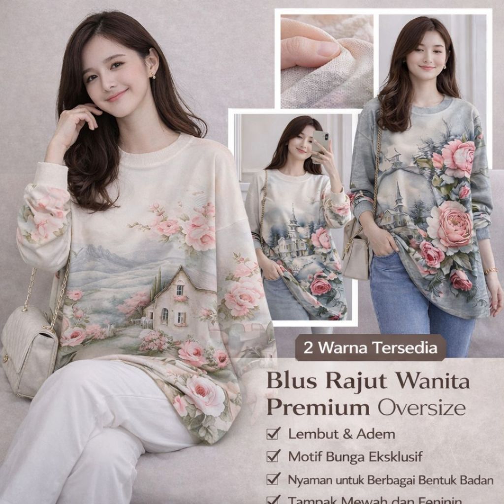 Blus Rajut Wanita Oversize Motif Bunga | Atasan Rajut Premium Import | Sweater Rajut Wanita Kekinian