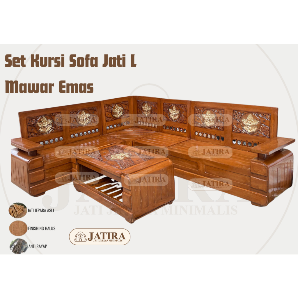 Set Kursi Sofa Jati L Motif Mawar Emas | Kursi Sofa Jati Jepara Asli Murah Palembang