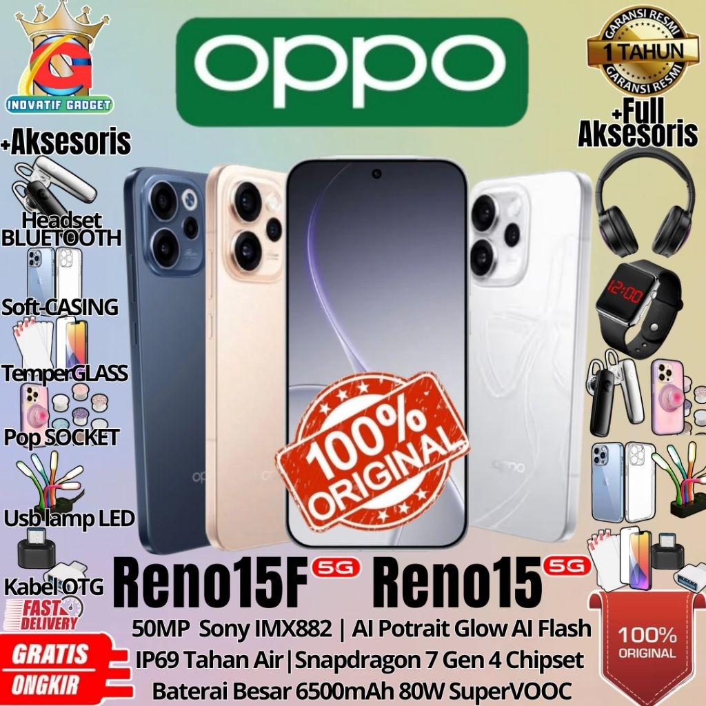 HP BARU OPPO RENO 15 5G | RENO 15F 5G 12/256GB & 8/256GB & 8/128GB RAM UPTO 24GB Oppo AI Flash Photo