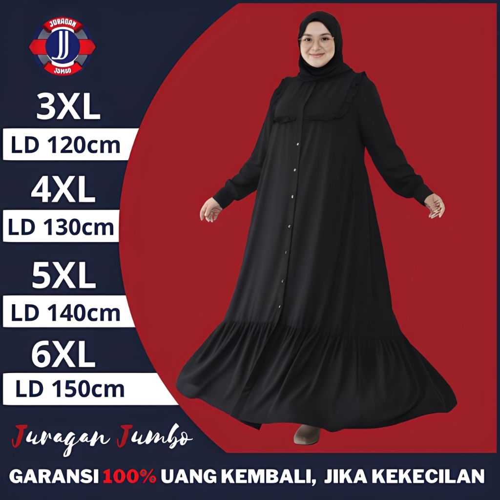Baju Gamis Dress Lebaran Wanita Jumbo LD 120 130 140 150 Abaya Hitam Mewah Crinkle Premium Terbaru