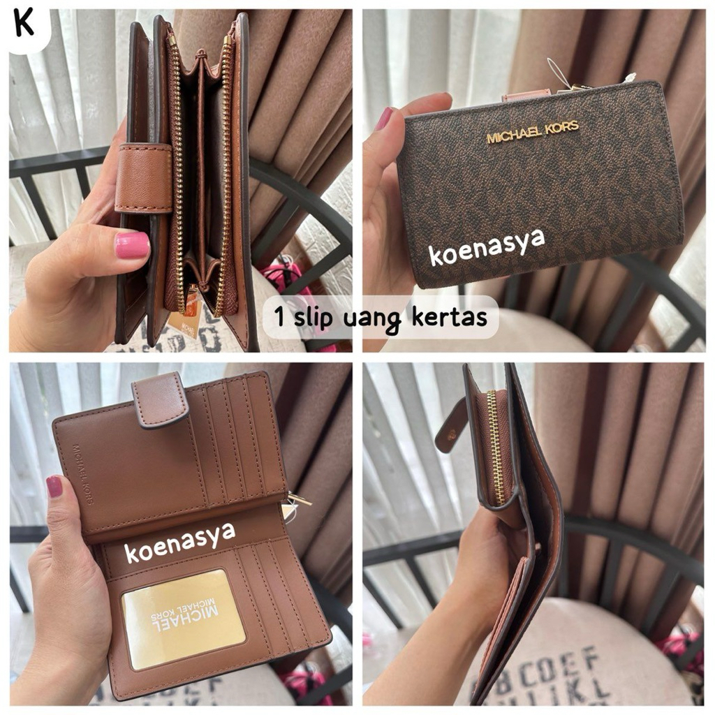 baru dompet wanita original mk jet set travel md bifold zip coin wallet sign brown new (kurleb 13.5 