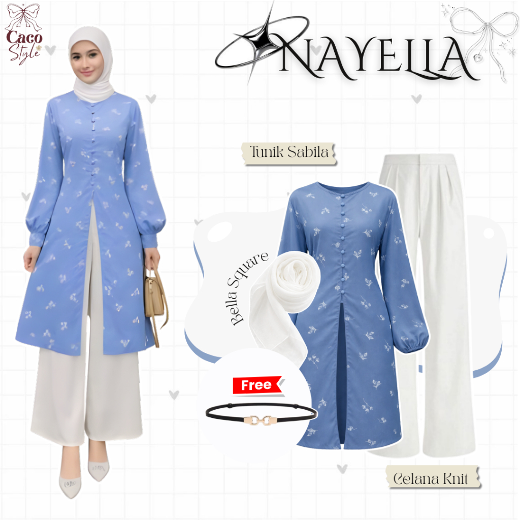 NAYELLA One Set 4In1 Outfit Lebaran Tunik Outer ( Belt + Bella Square + Tunik + Celana Knit) - CO113