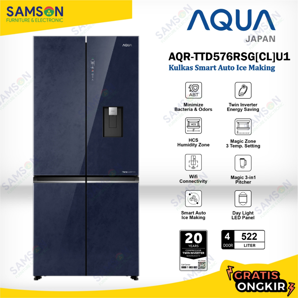 AQUA Kulkas 4 Pintu Multidoor Inverter 522 L Twin Inverter Wifi Connectivity AQR-TTD576RSG(CL)U1