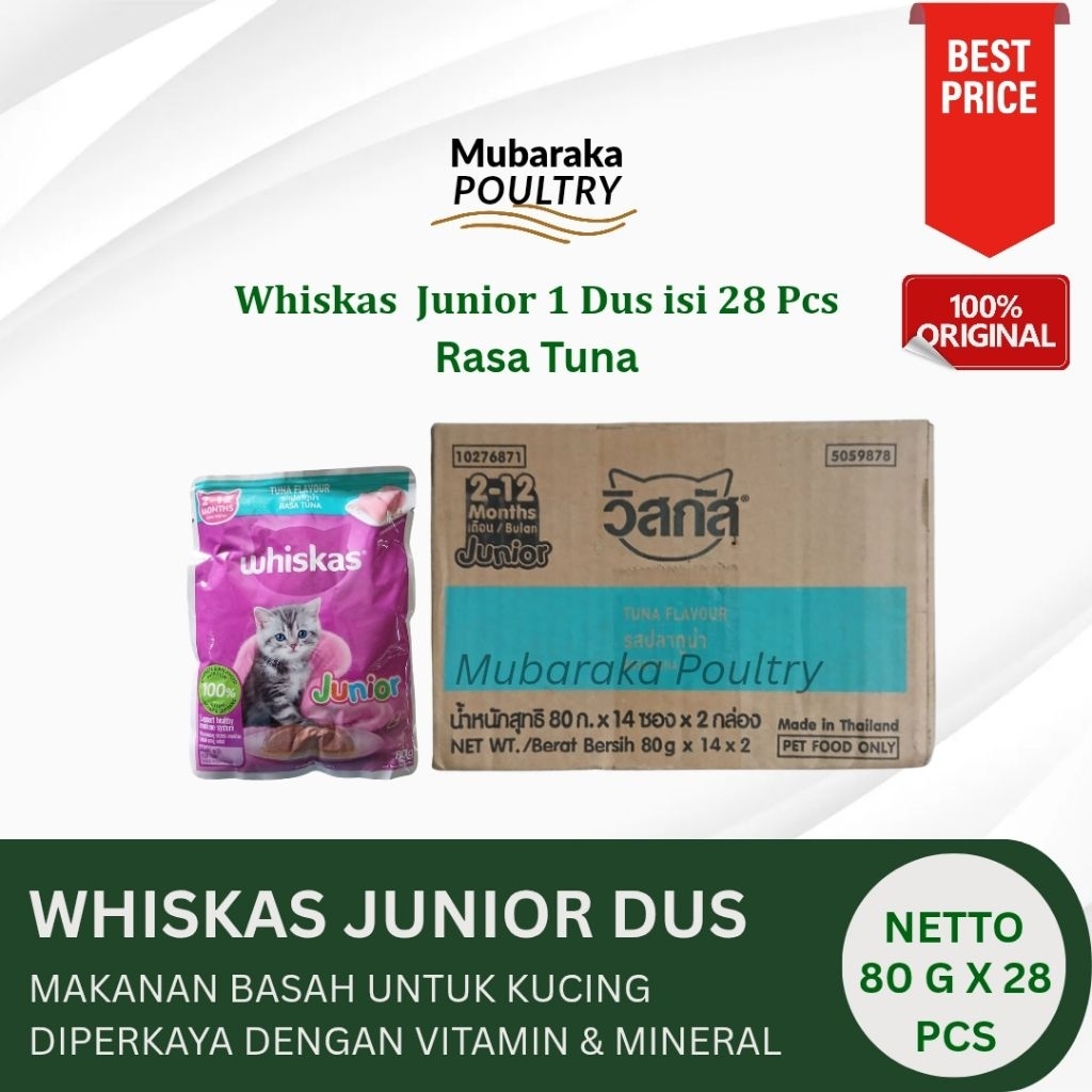 WHISKAS JUNIOR 1 DUS ISI 28 PCS RASA TUNA - Makanan Basah untuk Kucing dengan Vitamin dan Mineral