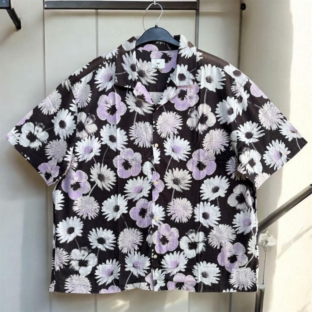 H&M Men's Floral Pattern Shirt | Kemeja pantai vacation pria oversize boxy HM size XL