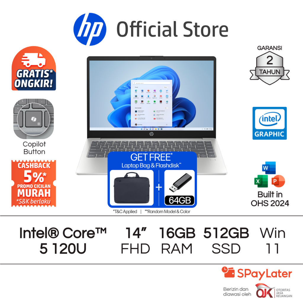 Laptop HP Intel Core i5 8GB / 16GB RAM 256GB / 512GB SSD Silver Windows 11 Home 14 Inch Gen 12 Garan