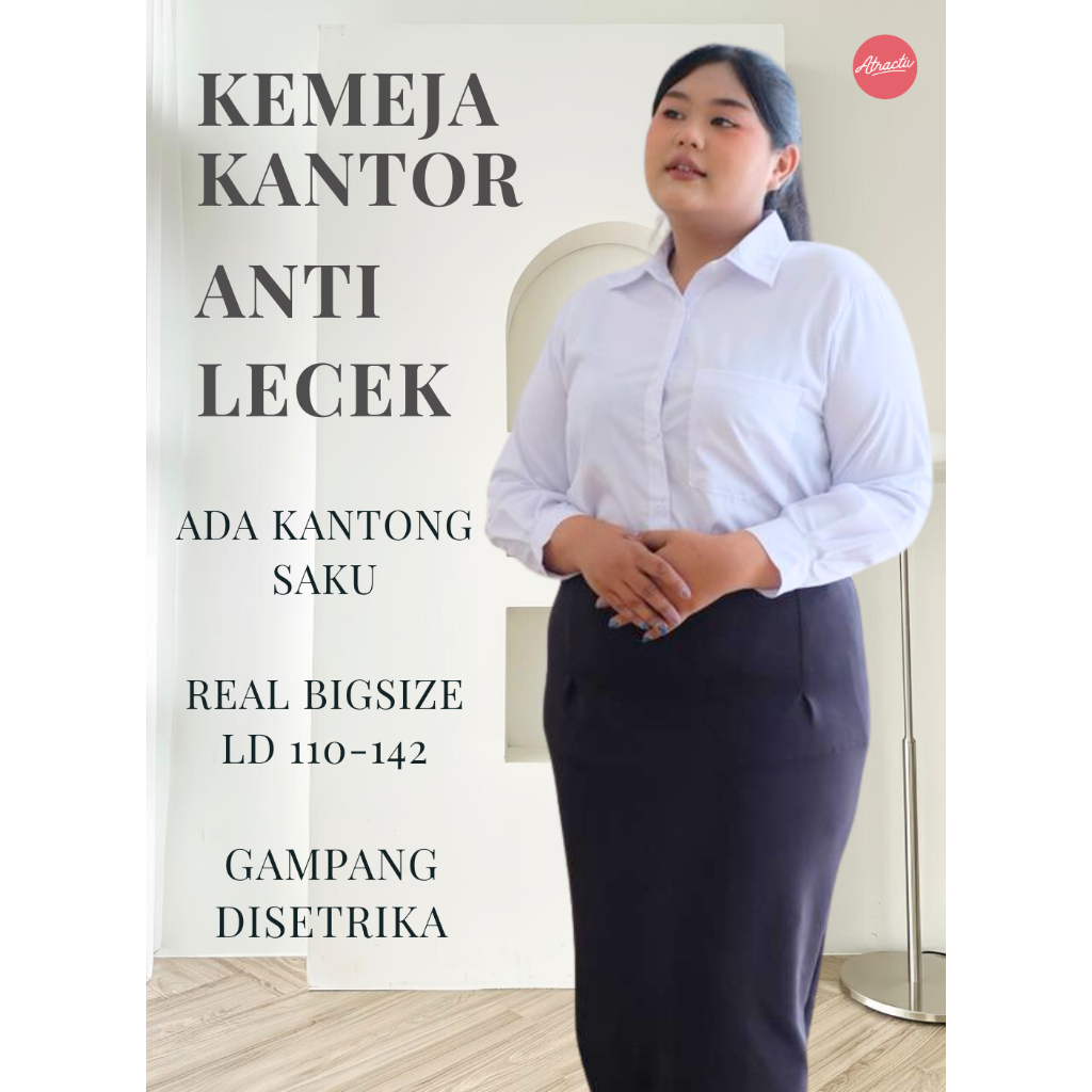 ATRACTIV Kemeja Putih Saku 1 Wanita Jumbo LD120 130 135 142 150 Kemeja Putih Saku Kiri Wanita Lengan