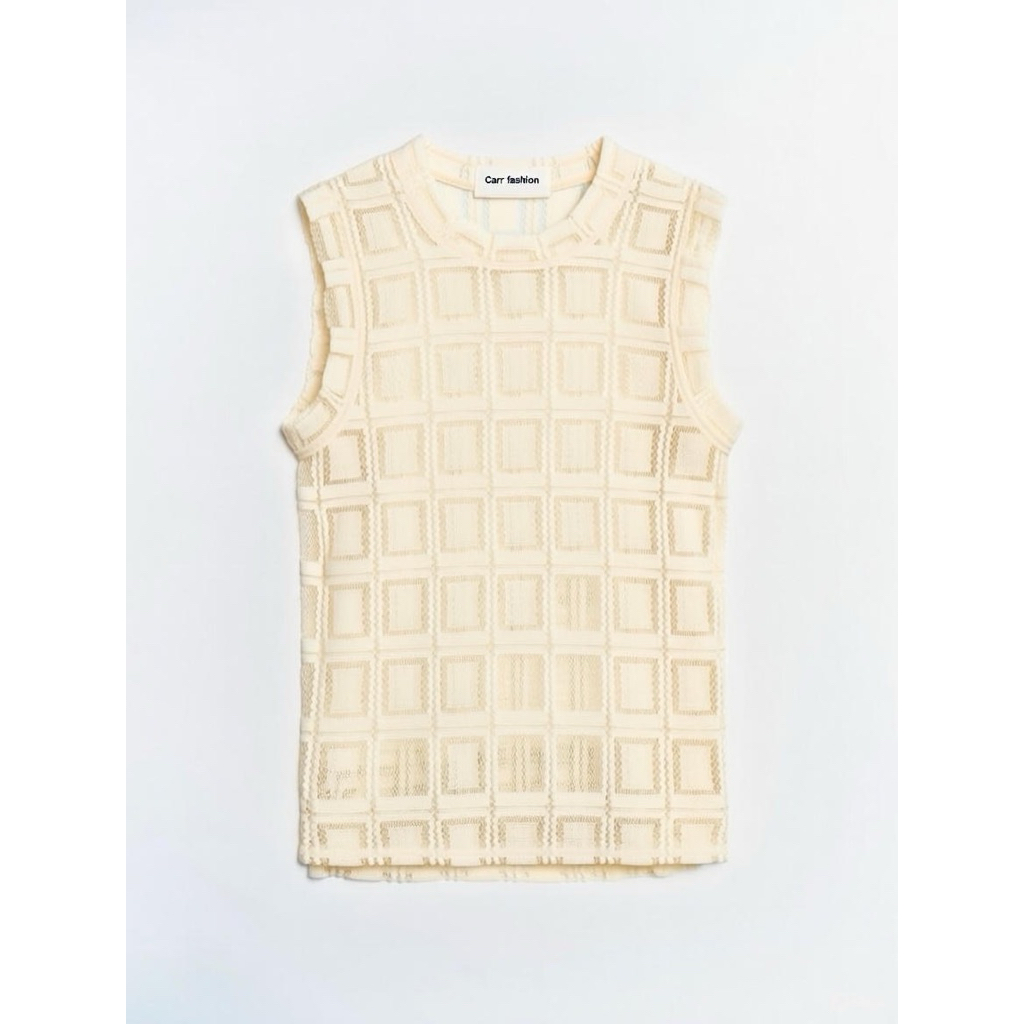 Kaos Pantai Anak Laki Tanpa Lengan Krem Lace Motif Kotak - Tank Top Beachwear Bali Anak Cowok Adem
