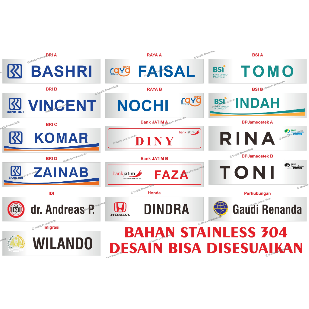Papan Nama Meja Stainless 1 Plat 1 Sisi Tanpa Holder 20 cm BANK BRI BPJS BPJAMSOSTEK BANK JATIM BANK