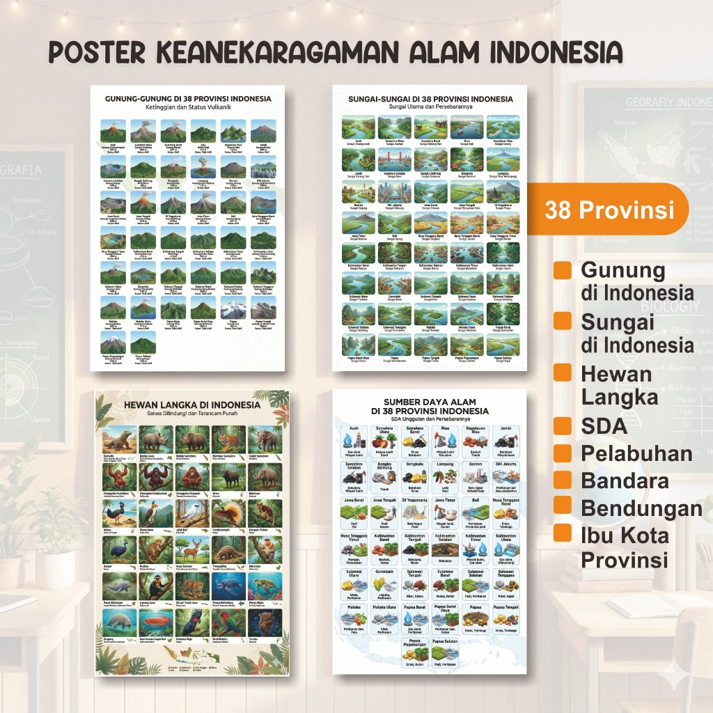 Poster Keanekaragaman Alam Indonesia : Gunung, Sungai, Hewan Langka, Hasil Alam,Bandara, Pelabuhan