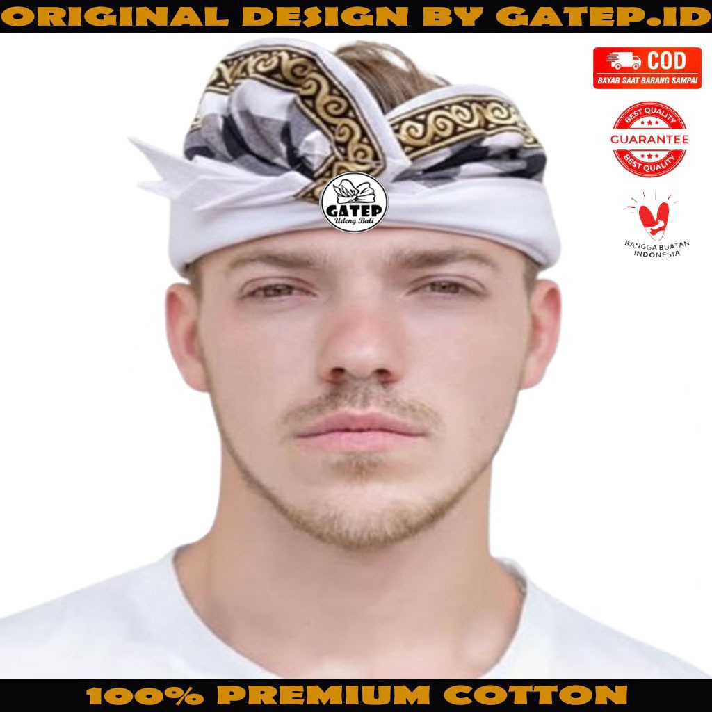 Udeng Bali Putih Polos Tepi Endek Hitam Setengah Jadi / Ikat Kepala Bali / Topi Bali / Blangkon Bali