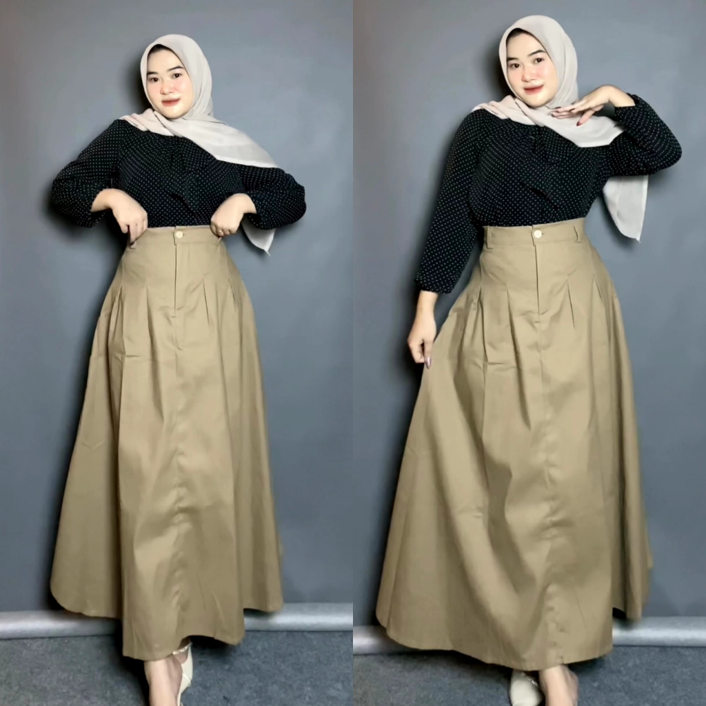 Rok lipit panjang wanita/Rok Rempel kancing resleting depan/Rok Model Mid Waist wanita Korea style/R