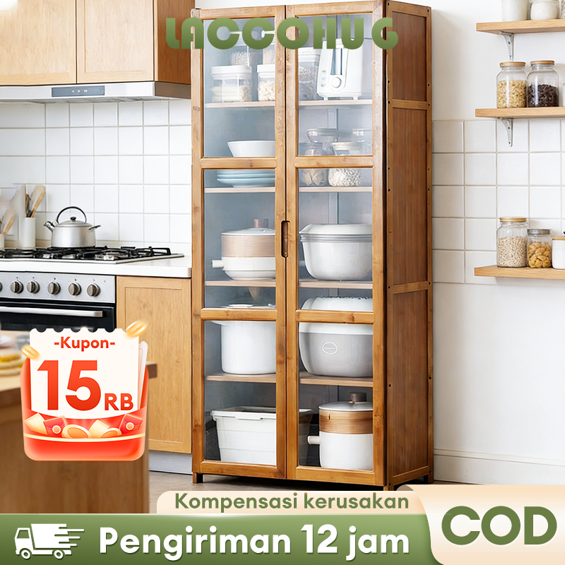Laccohug Lemari Dapur Lemari Penyimpanan Kayu Lemari Penyimpanan Peralatan Dapur Pintu Transparan