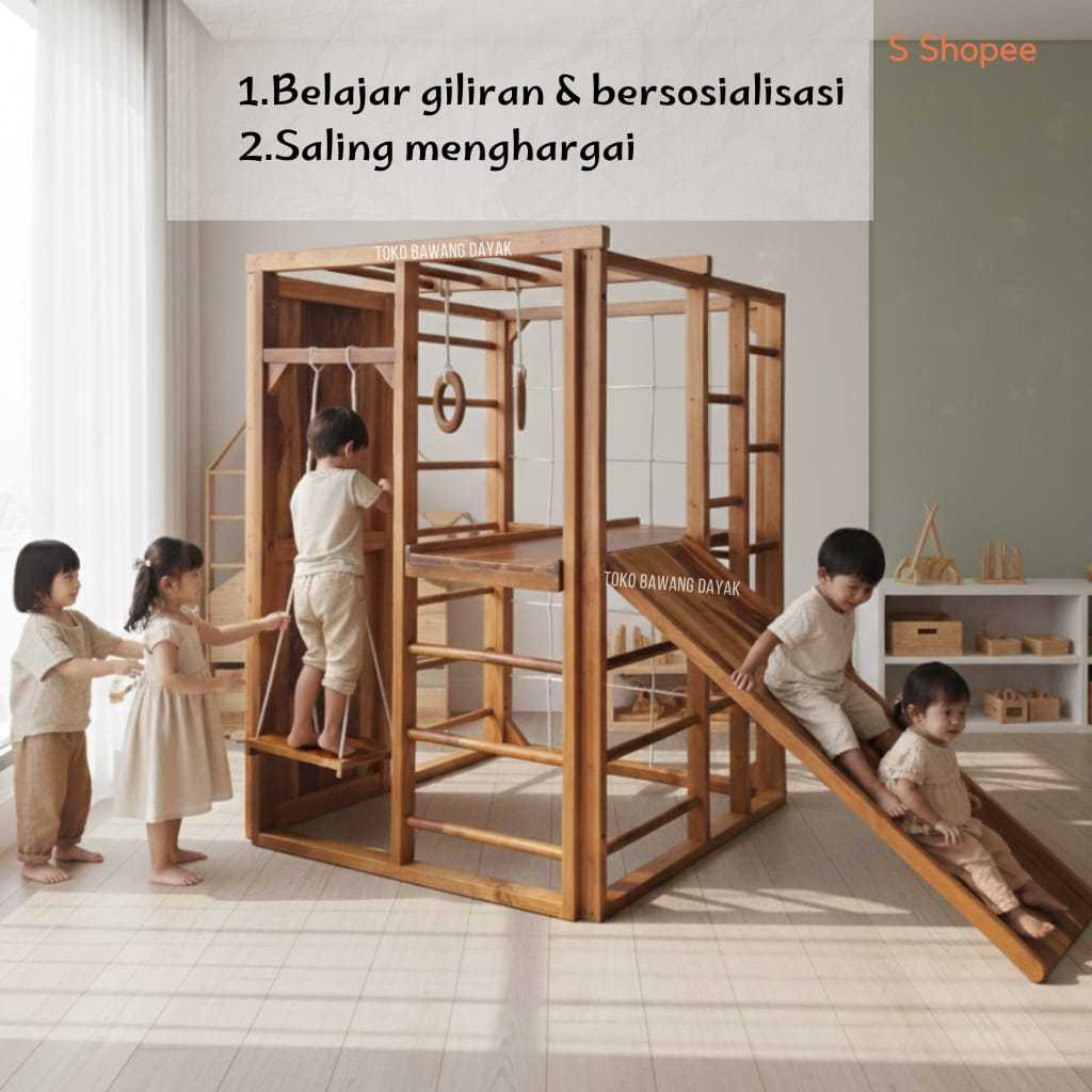 Playground Kayu Anak Prosotan & Panjatan–Brakiasi Outdoor Ayunan, Climber, Monkey Bar Taman Bermain