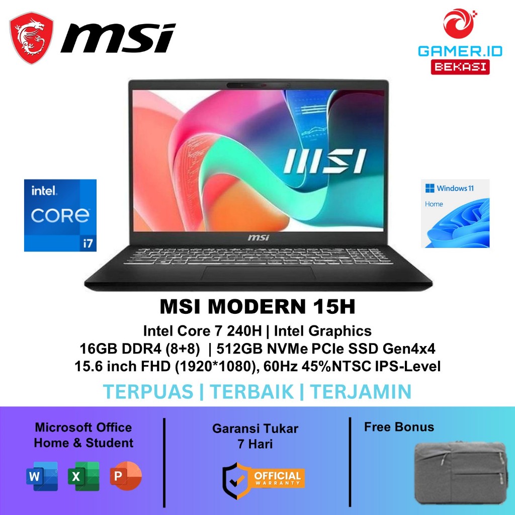 MSI MODERN 15H CORE I7 240H 16GB 512GB W11+OHS 15.6FHD IPS BLIT 2Y BLK