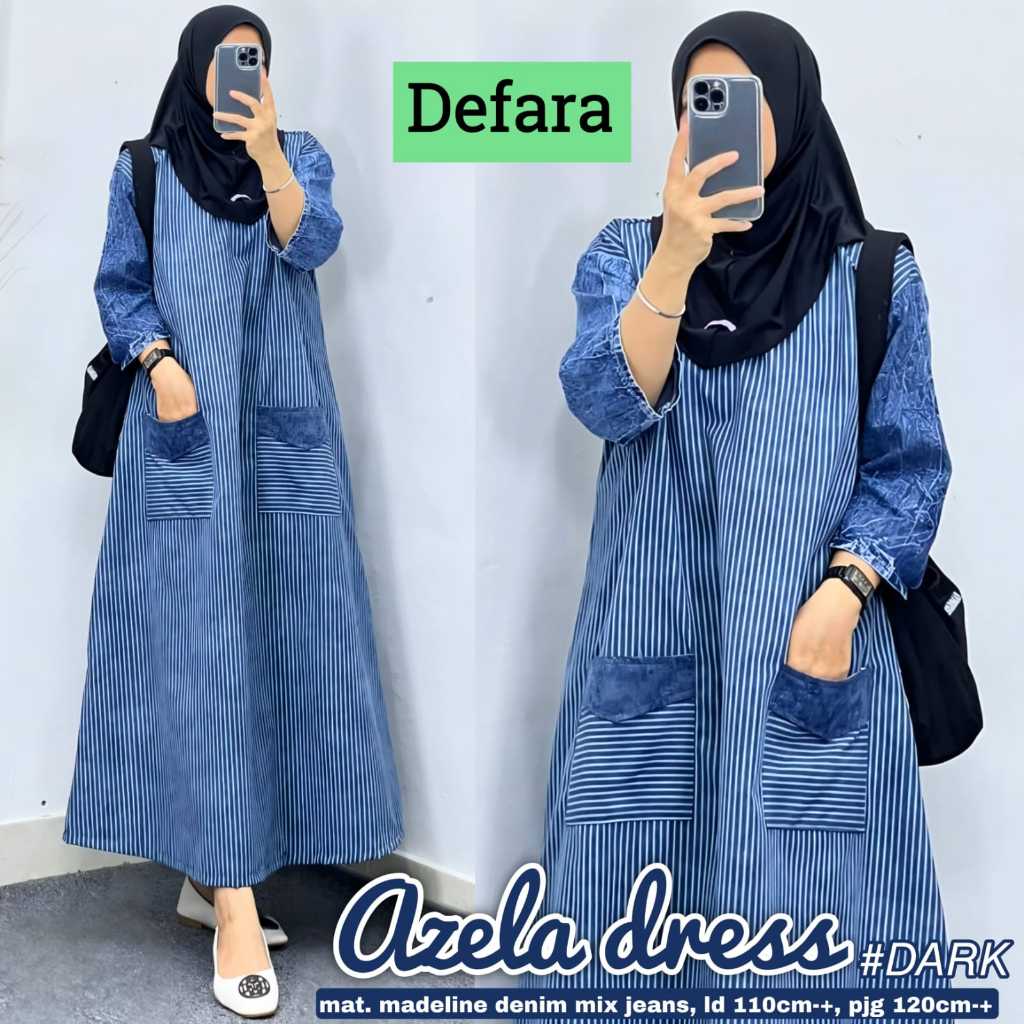 AZELA Dress Gamis Outer Muslimah Original DEFARA Oversize XL Ld 110cm+ Bahan Madeline Denim Mix Jean