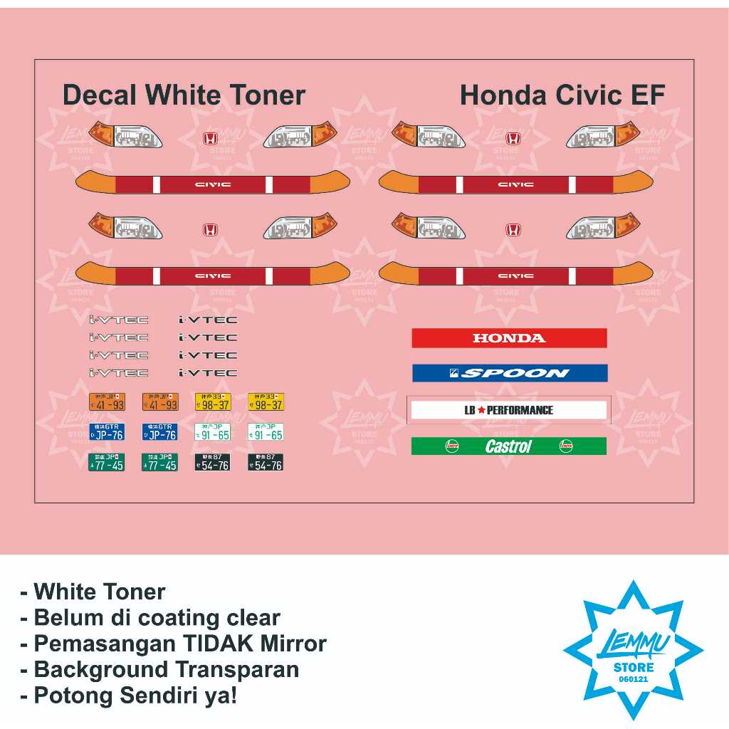 decal white toner hot wheels lampu honda civic ef