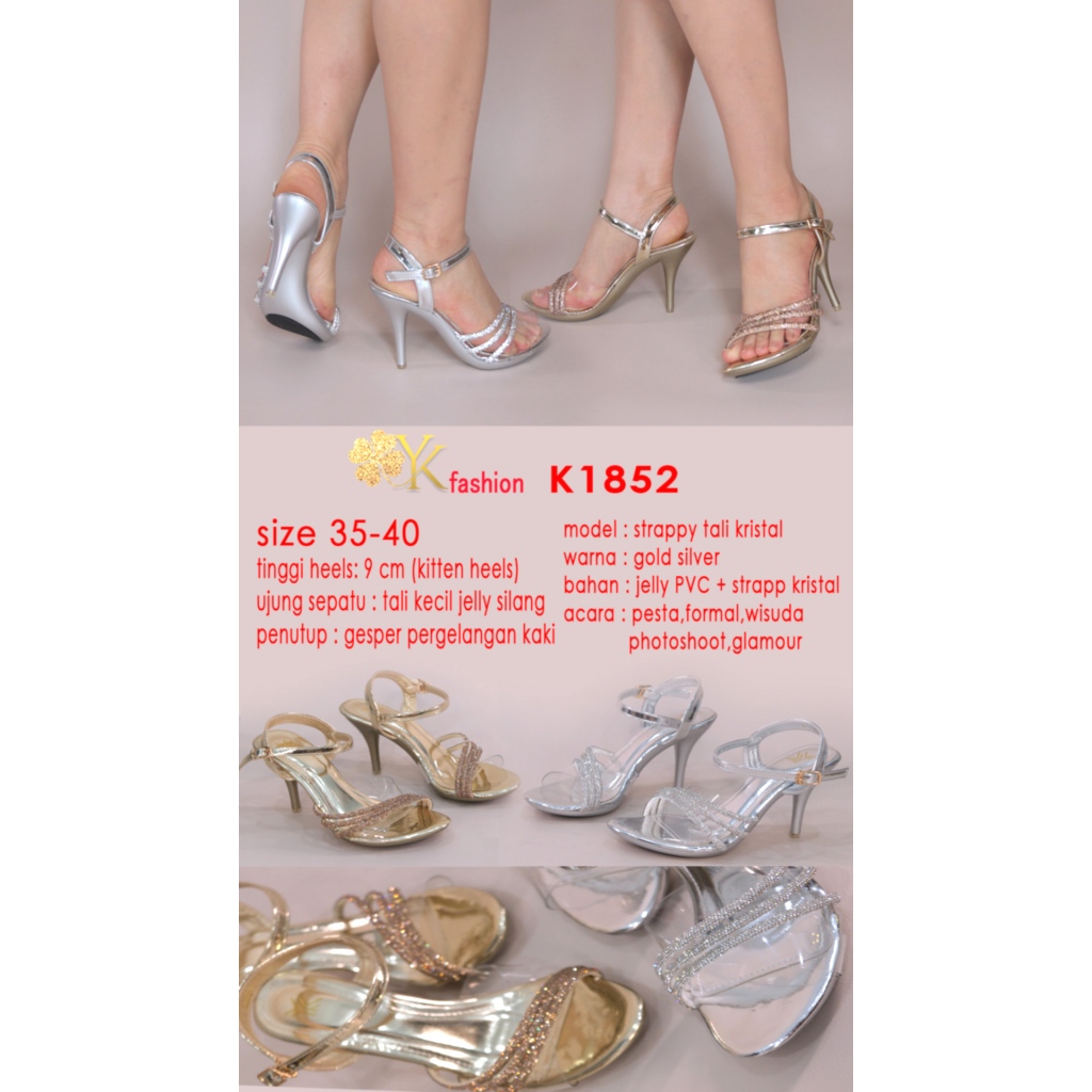 Ykshoes 1852 heels 9cm kitten heels strappy stiletto heels sepatu hak tali tali kristal hak kitten s