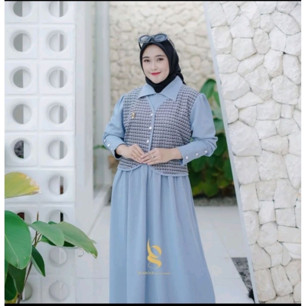 GLAMOUR Dress knit mix tweed Dress Wanita Muslim Mewah