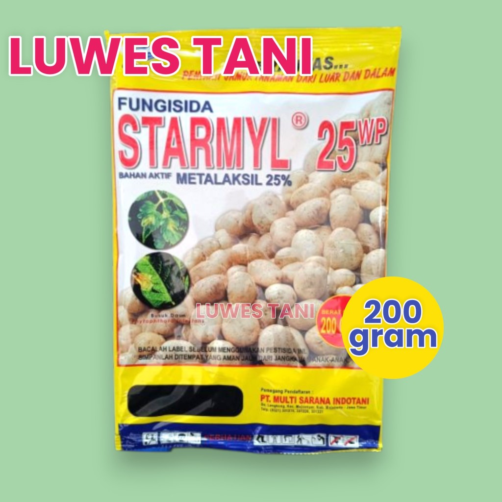 Starmyl 200gr (sachet) Fungisida Starmyl 25 WP mengandung bahan aktif Metalaksil 25%.