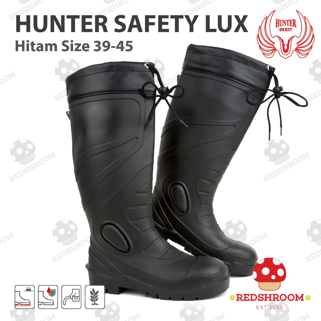 Boot Tinggi Hunter Sepatu Boot Tinggi Hunter Safety Lux Hitam Lentur Ringan Toe Cap Besi Anti Slip &