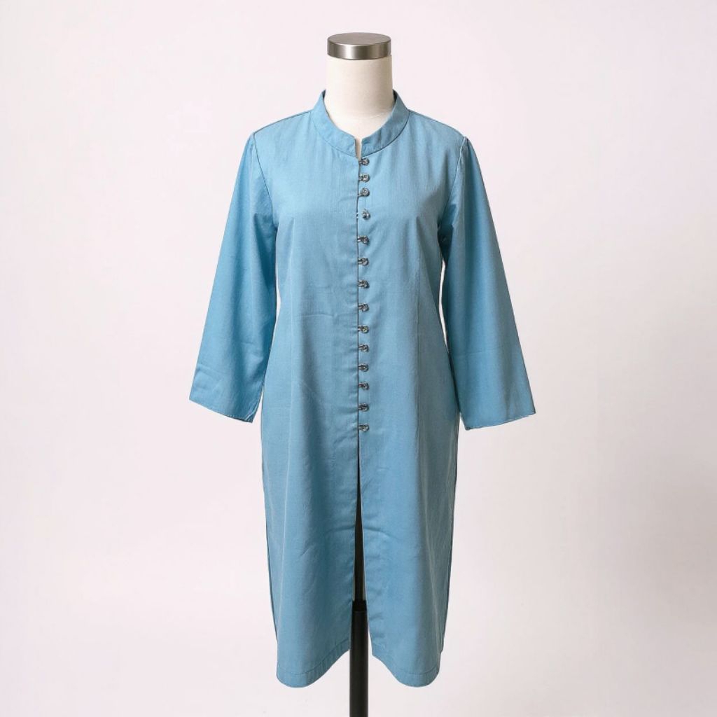 Long Tunik Wanita Muslimah - Kemeja Dress Biru Muda Busui Friendly