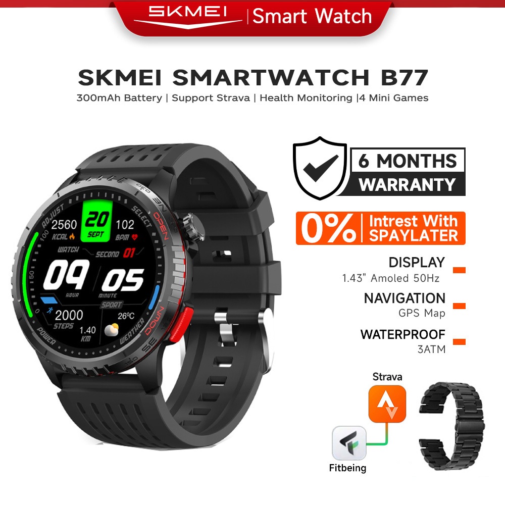 SKMEI B77 Jam Tangan Smartwatch Pintar Tahan Air 3ATM, Bisa Telepon & Notif WA, 1.43 Layar AMOLED HD