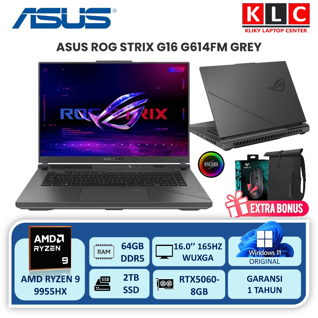 Laptop Gaming Asus Rog G16 G614FM AMD Ryzen 9 9955HX RTX5060 8GB Ram 64GB 2TB SSD 16 WUXGA 165HZ