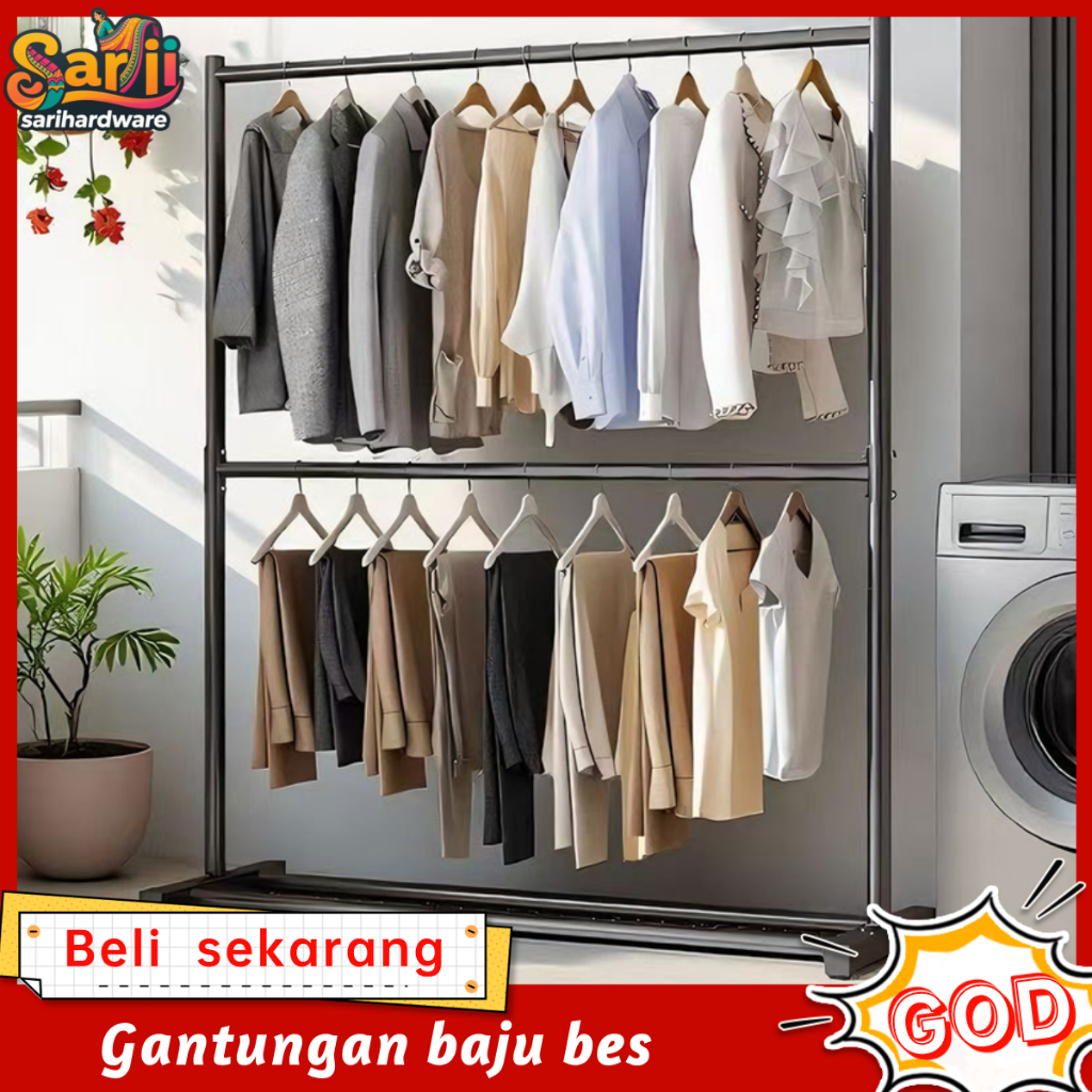 Rak Gantungan Baju Besi Stand hanger double Gawang Baju Jemuran Pakaian Portable Rak Baju Hanger