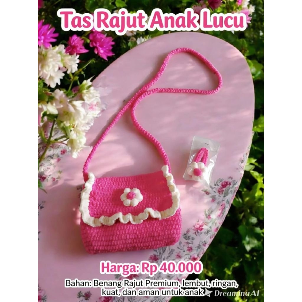 Tas Rajut Anak Lucu Pink Bunga – Tas Selempang Anak Perempuan Handmade