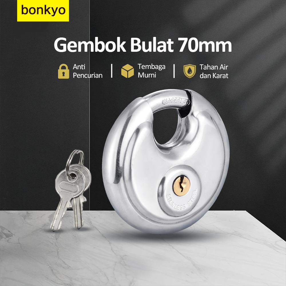 Bonkyo Gembok Bulat Padlock Stainless 70 Mm - Gembok Cakram 70mm - 70mm Kunci Gembok Bulat Anti Mali