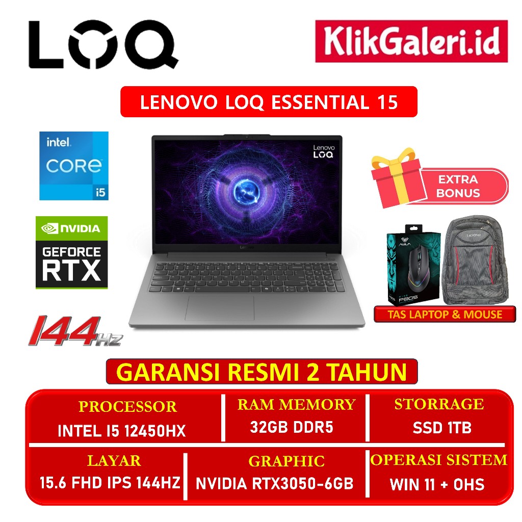 Laptop Gaming Lenovo Loq Essential 15 Inte I5 12450HX 32GB DDR5 1TB RTX3050-6GB Resmi