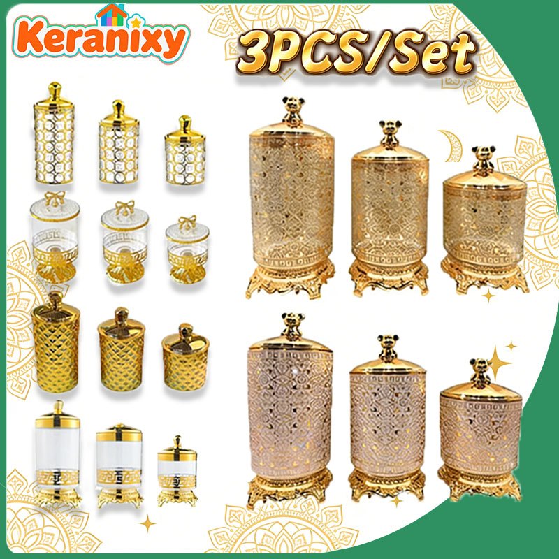Keranixy 3PCS/Set Toples Snack Emas Toples Snack Plastic Toples Kaki Tinggi Toples Lebaran Aesthetic