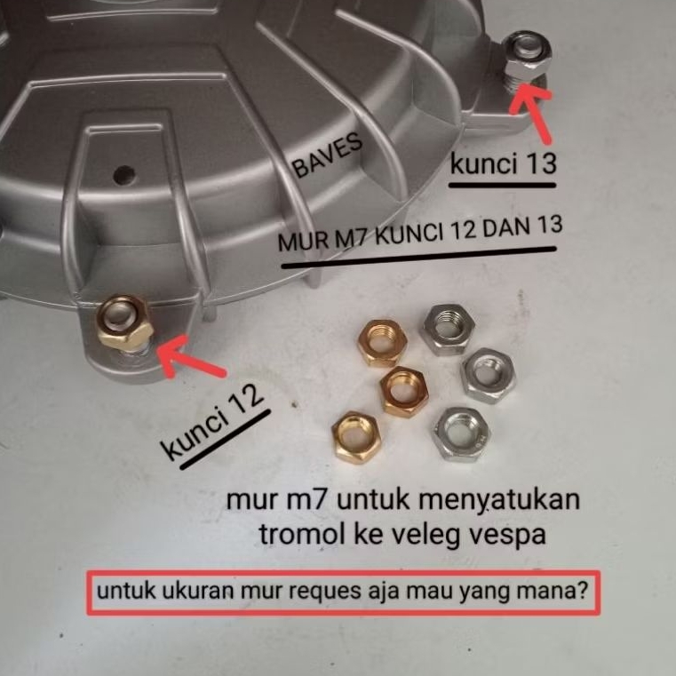 mur m7 kunci 12 - 13 untuk menyatukan tromol ke velg vespa
