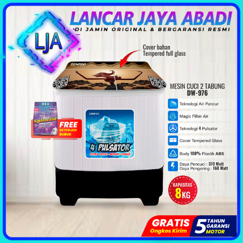 MESIN CUCI Denpoo MESIN CUCI 2 TABUNG  DW 976 8 KG LOW WATT SNI MESIN CUCI DENPOO