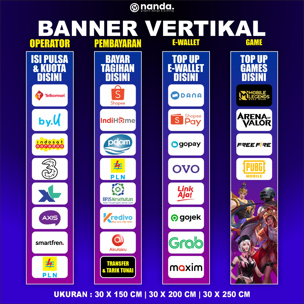 Banner Vertikal Hiasan dinding konter Pulsa, E-Wallet, Pembayaran & Game | Cetak Spanduk Usaha Digit