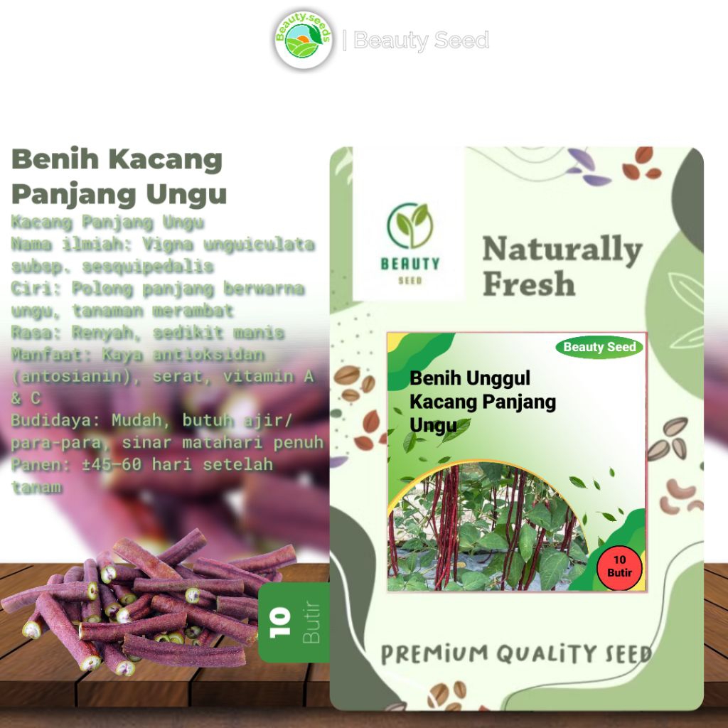 10 Butir Benih Biji Kacang Panjang Ungu - Benih Kacang Panjang Merah Ungu Bush Yard Long Beans