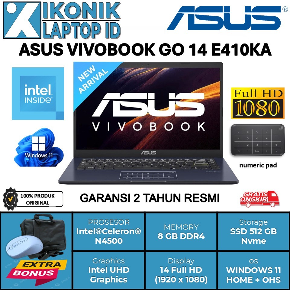 Laptop Baru Asus Vivobook Go 14 E410KA Intel N4500 8GB 512GB SSD 14" FHD Windows 11 Home Rose Pink