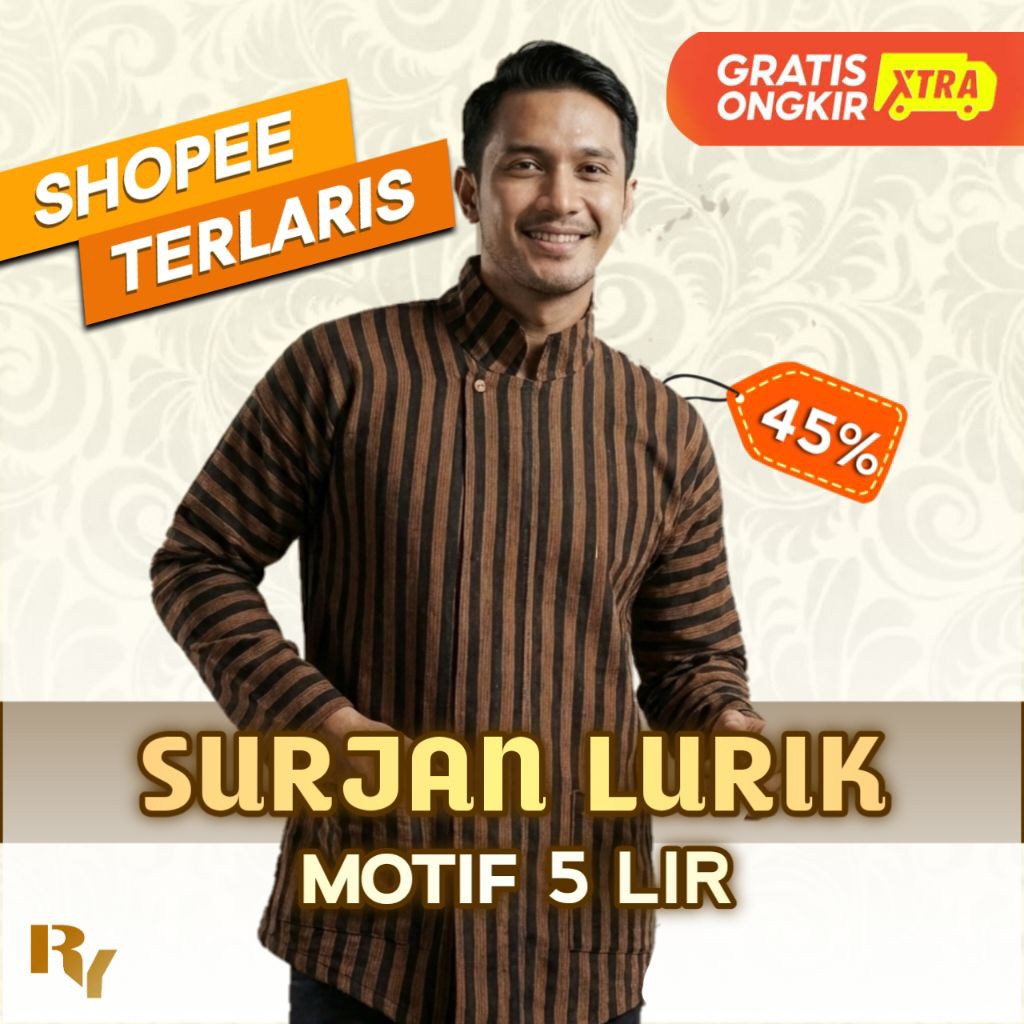 Baju Adat Lurik Pria | Baju Adat Jawa | Surjan Lurik Pria Motif Lir 5 Coklat Hitam | Lengan Panjang 