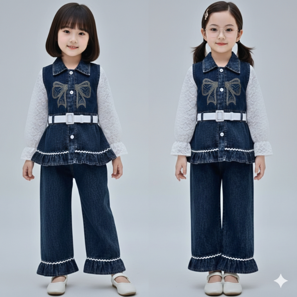 Setelan Jeans Anak Perempuan Lengan Brukat Model Terbaru 2026 Umur 3 - 11 Tahun Atasan Jeans Anak Pe