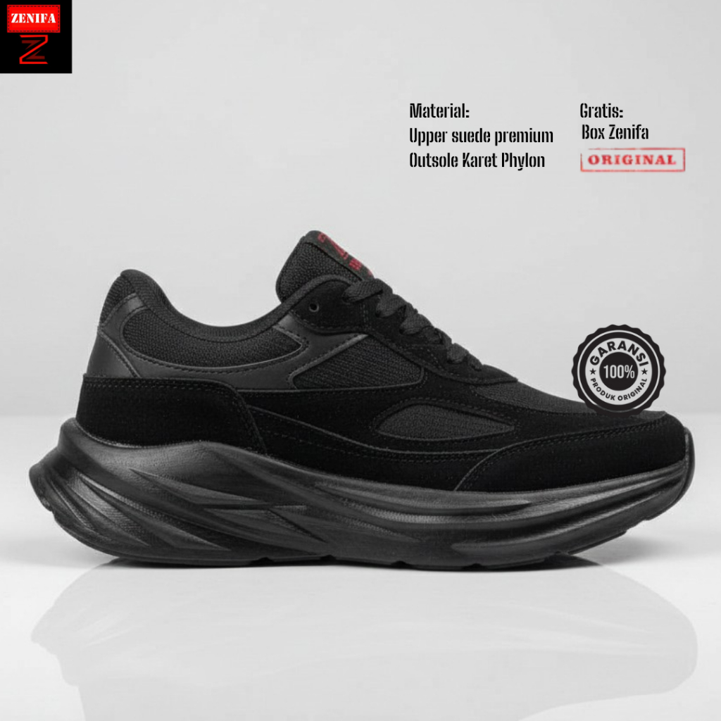 Zenifa - Sepatu Sneakers Pria Warna Full Black Hitam