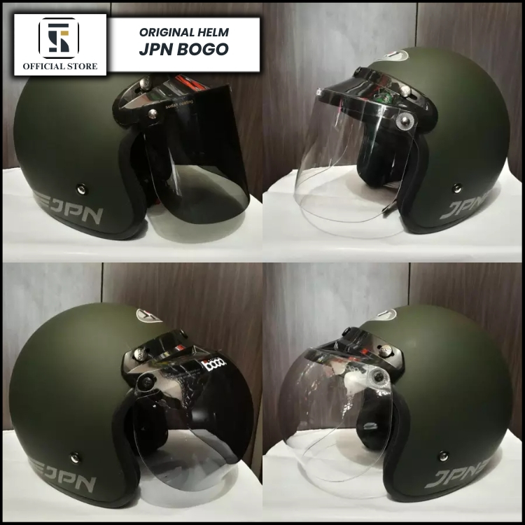 Helm JPN Bogo Hijau Army Dop - Helm Bogo Jpn Kaca Datar Kaca Cembung ORIGINAL SNI Helem Polos