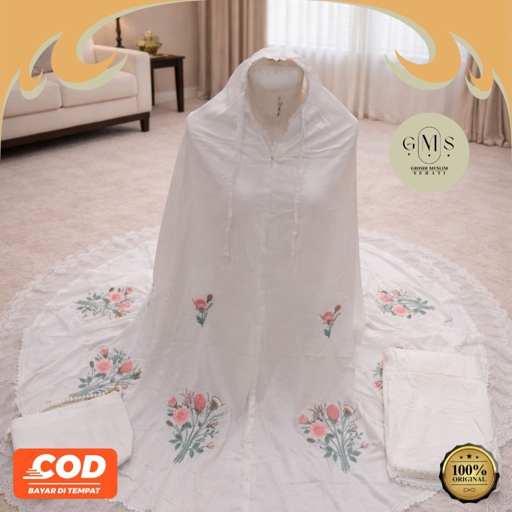 Mukena Lembut Rayon Bordir Bunga Tulip Renda Tile