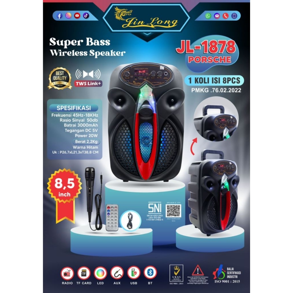 Speaker Portable Bluetooth Jinlong JL-1878 Porsce 8"