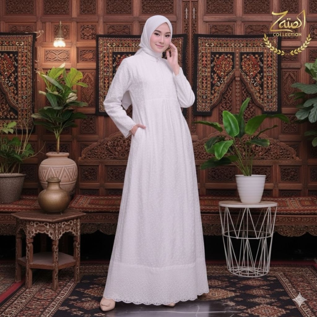 Gamis Wanita Terbaru Khusus Putih Bahan Sutra Paris Variasi Renda Kerancang - Gamis Haji Umroh - Gam