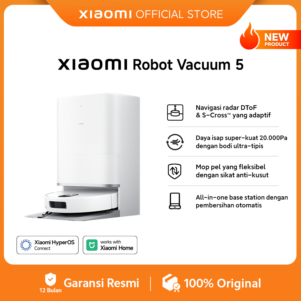 Xiaomi Robot Vacuum 5 | Navigasi radar DToF & S-Cross adaptif | Daya isap super kuat 20.000Pa dengan
